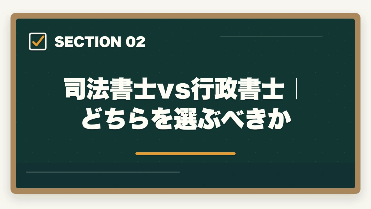 司法書士vs行政書士｜どちらを選ぶべきか｜司法書士vs行政書士・社労士・税理士・宅建｜難易度・年収・コスパを完全比較【2026年版】の図解