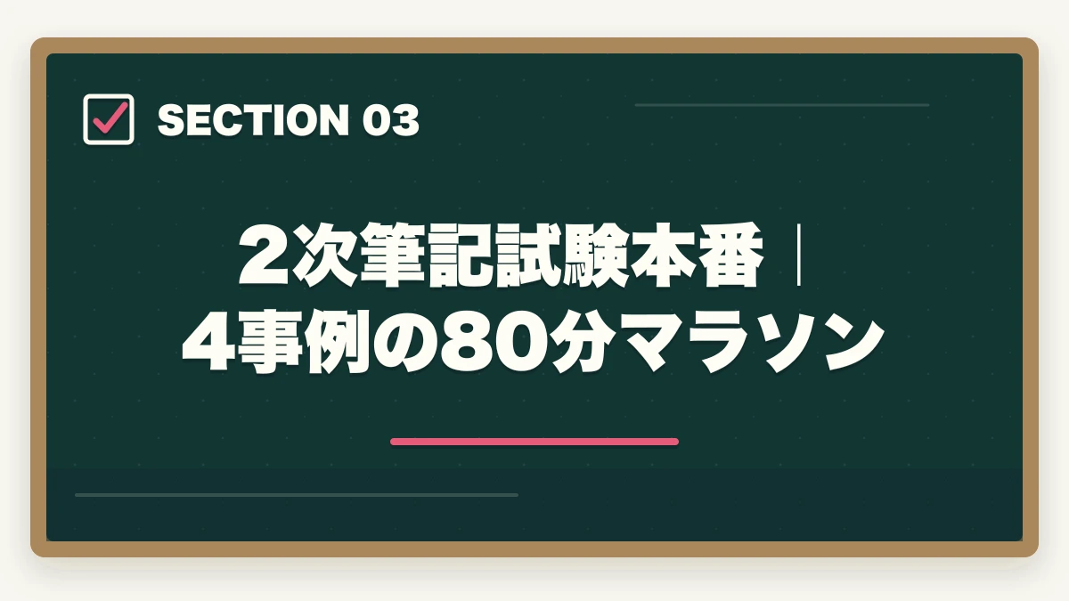 2次筆記試験本番｜4事例の80分マラソン｜中小企業診断士試験本番の完全攻略｜申込み・1次2次・口述・直前期対策【2026年版】の図解