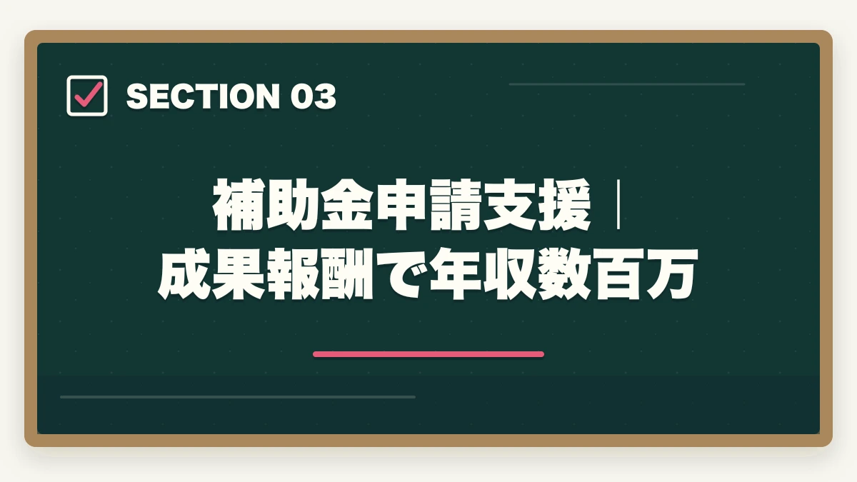 補助金申請支援|成果報酬で年収数百万|中小企業診断士の業務内容|経営コンサル・補助金支援・公的機関業務を完全解説【2026年版】の図解