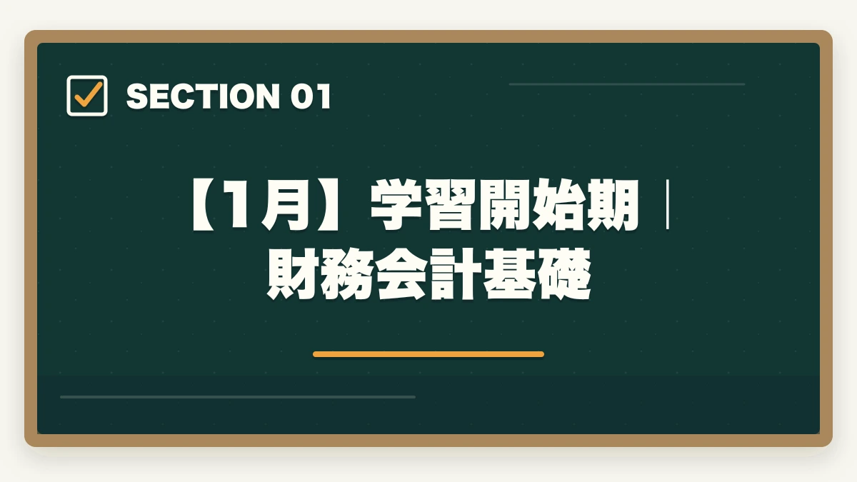 【1月】学習開始期|財務会計基礎|中小企業診断士2026年合格スケジュール|1次8月・2次10月までの月別やることリストの図解