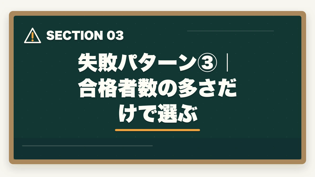 失敗パターン③｜合格者数の多さだけで選ぶ｜司法書士の通信講座で失敗する5つの落とし穴｜後悔しない選び方を完全解説【2026年版】の図解