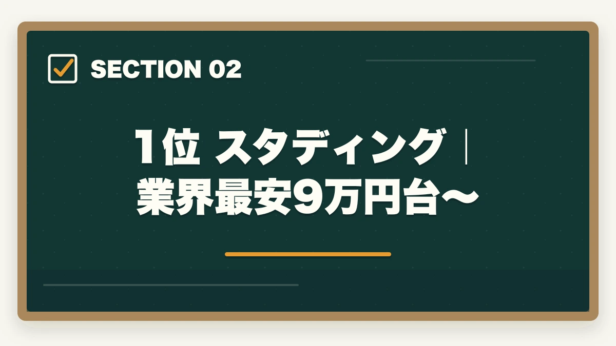 1位 スタディング|業界最安9万円台〜|司法書士の通信講座 安いランキング7選|10万円以下で合格を狙う完全比較【2026年版】の図解
