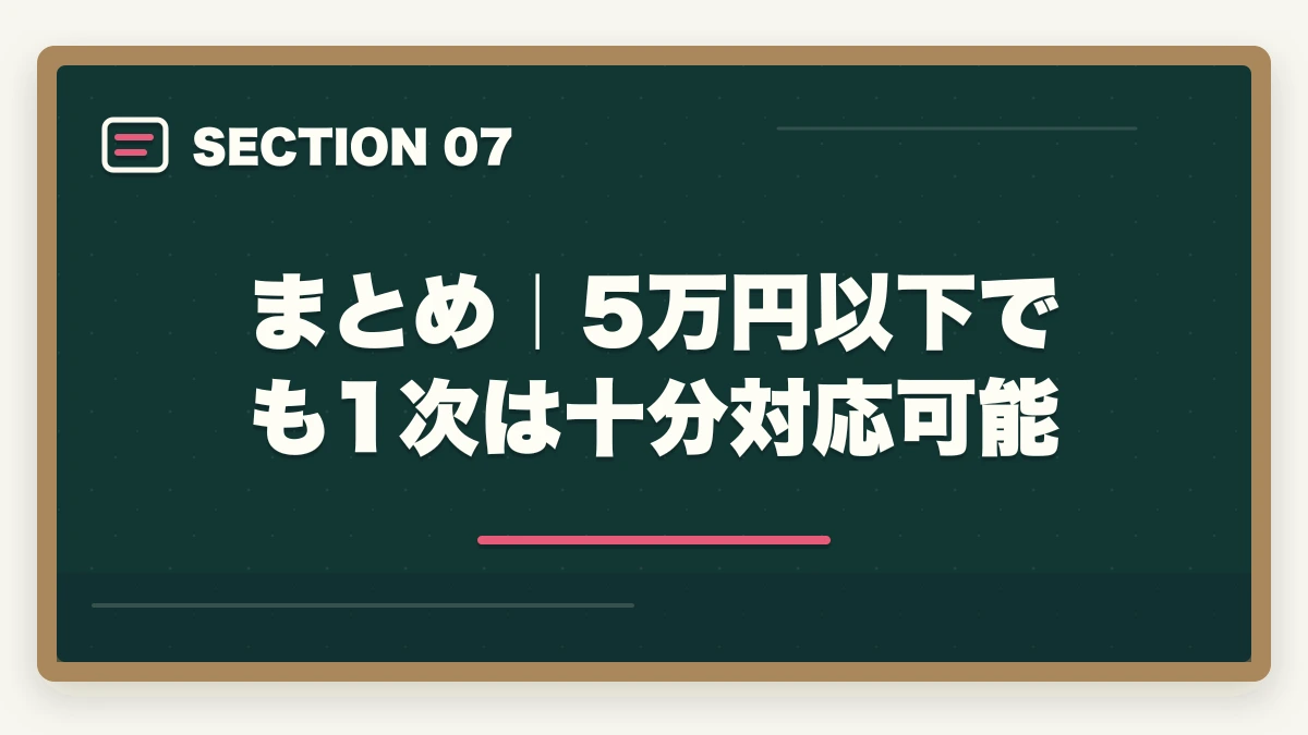 まとめ｜5万円以下でも1次は十分対応可能｜中小企業診断士の通信講座 安いランキング5選｜5万円以下で合格を狙う完全比較【2026年版】の図解