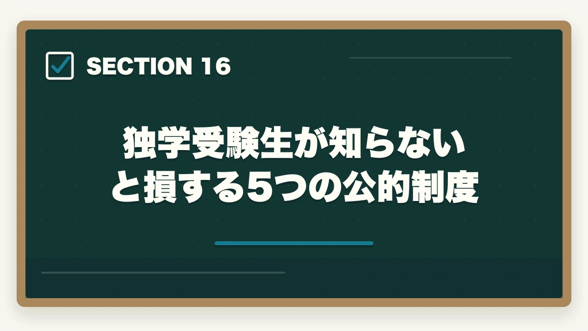 独学受験生が知らないと損する5つの公的制度｜司法書士の独学ロードマップ｜0から3000時間の完全戦略【2026年版】の図解