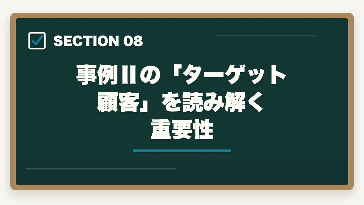 事例Ⅱの「ターゲット顧客」を読み解く重要性|中小企業診断士の事例Ⅱ完全攻略|マーケ・流通の解答テクニック【2026年版】の図解