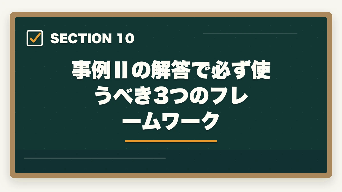 事例Ⅱの解答で必ず使うべき3つのフレームワーク|中小企業診断士の事例Ⅱ完全攻略|マーケ・流通の解答テクニック【2026年版】の図解