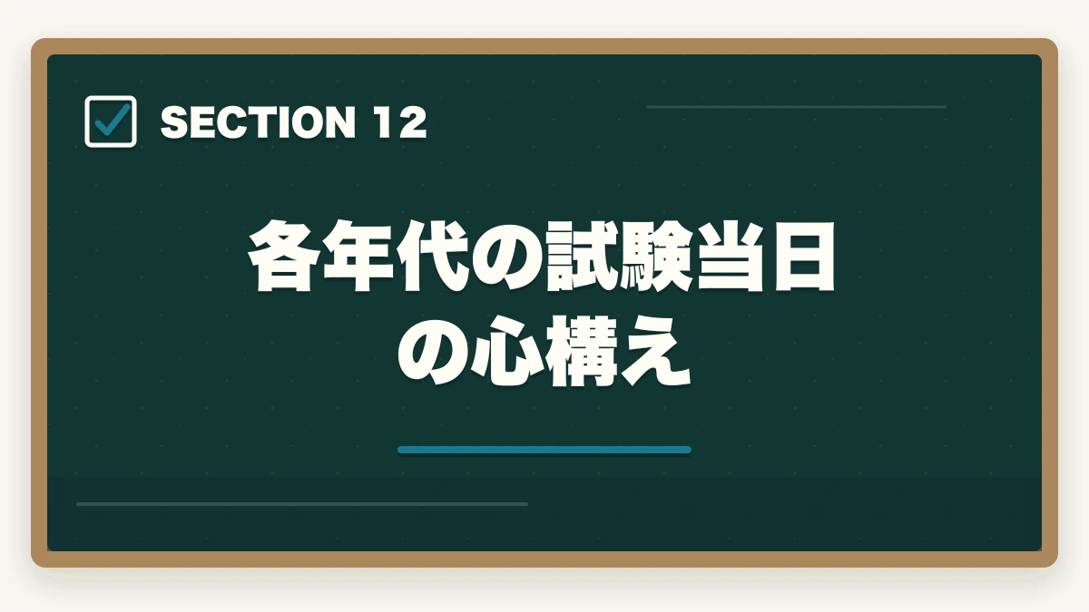 各年代の試験当日の心構え｜司法書士の年代別合格戦略｜30代・40代・50代別ロードマップ【2026年版】の図解