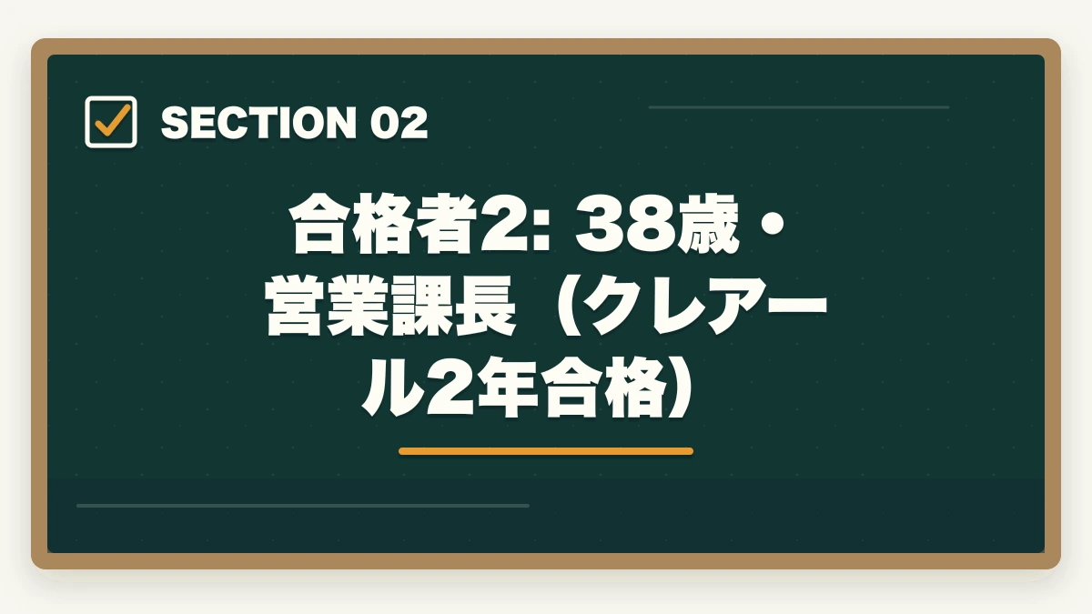 合格者2: 38歳・営業課長（クレアール2年合格）｜中小企業診断士の合格体験記10選｜合格者のリアル勉強法【2026年版】の図解