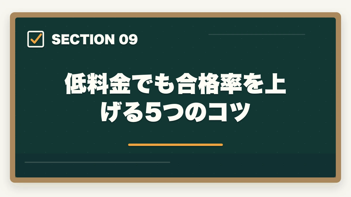 低料金でも合格率を上げる5つのコツ|司法書士の最安合格戦略|10万円以下で合格する完全ロードマップ【2026年版】の図解