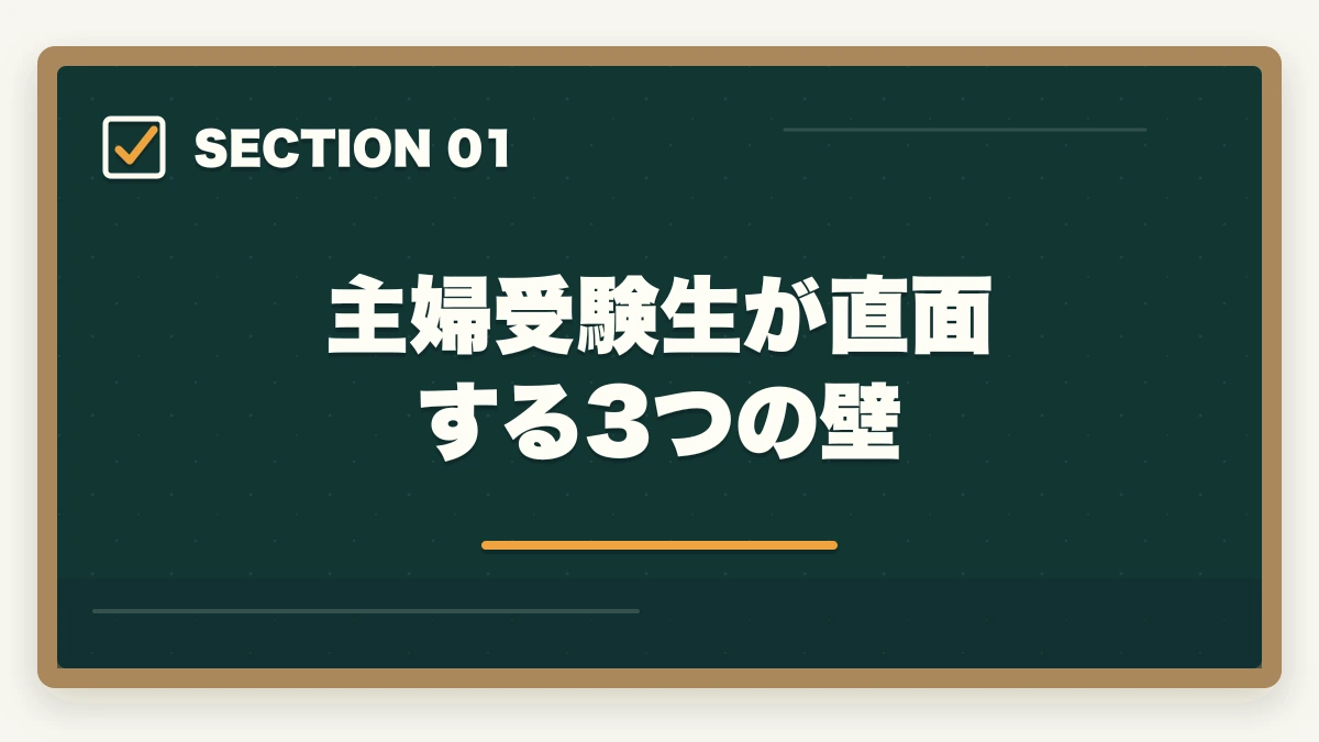 主婦受験生が直面する3つの壁|司法書士の主婦受験生合格戦略|育児・家事と両立する完全ロードマップ【2026年版】の図解