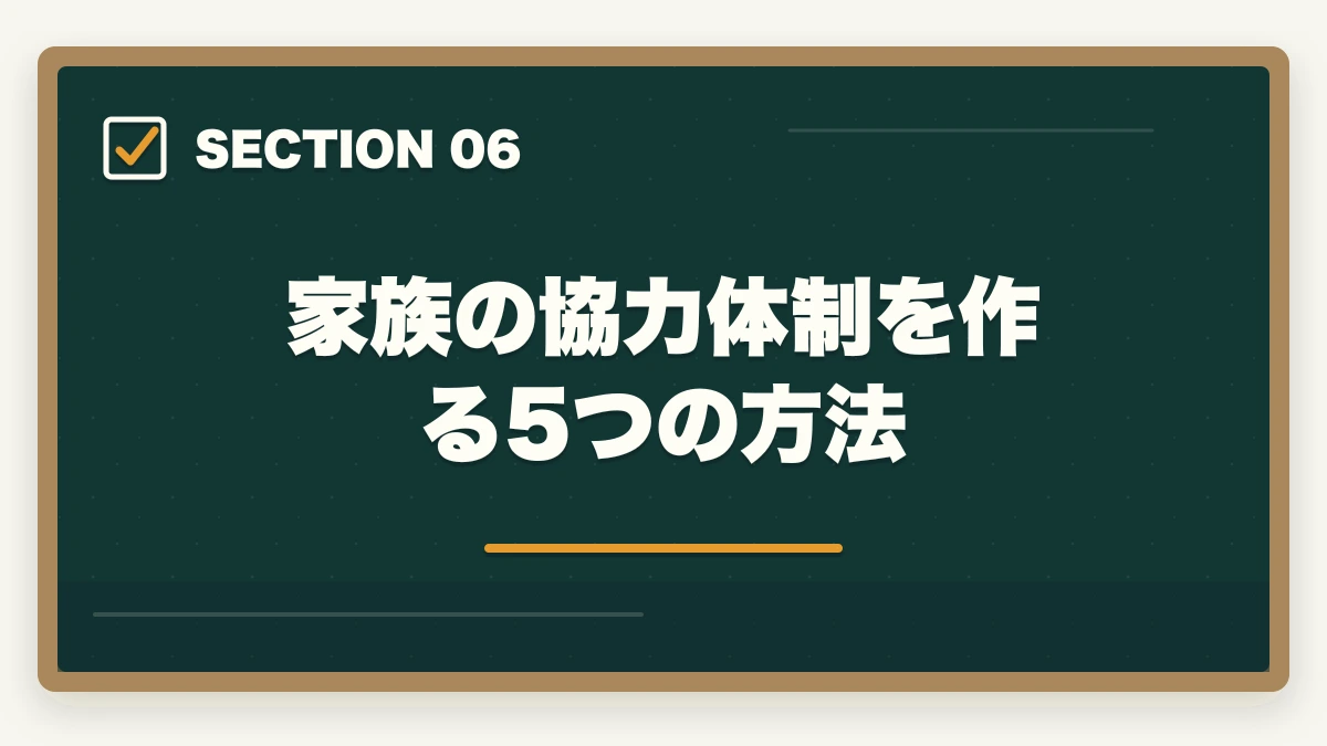 家族の協力体制を作る5つの方法|司法書士の主婦受験生合格戦略|育児・家事と両立する完全ロードマップ【2026年版】の図解