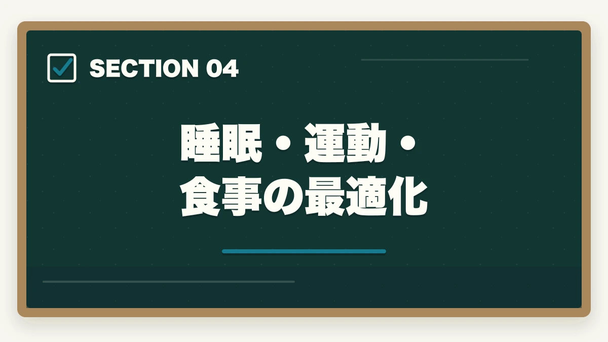 睡眠・運動・食事の最適化｜司法書士の集中力最大化メソッド｜長期戦を勝ち抜く学習効率術【2026年版】の図解
