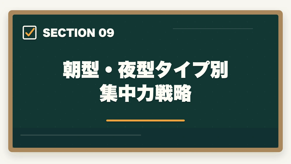 朝型・夜型タイプ別集中力戦略｜司法書士の集中力最大化メソッド｜長期戦を勝ち抜く学習効率術【2026年版】の図解