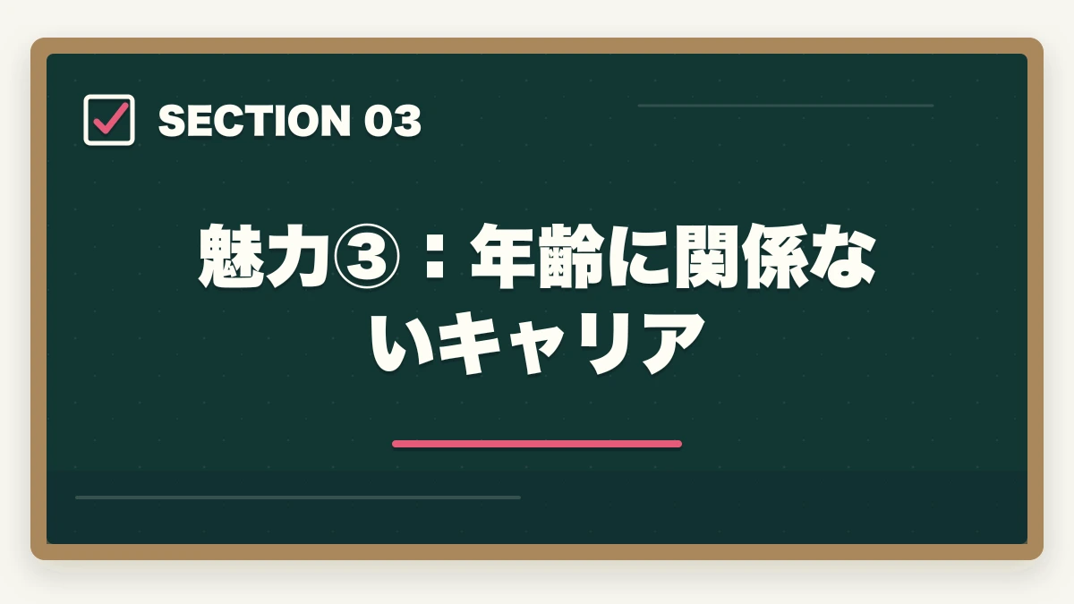 魅力③:年齢に関係ないキャリア|司法書士の魅力10選|難関資格でも挑戦すべき理由【2026年最新版】の図解
