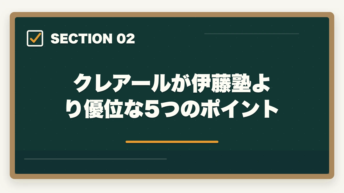 クレアールが伊藤塾より優位な5つのポイント|クレアール vs 伊藤塾 司法書士|2026年最新の徹底比較で最適解を提示の図解