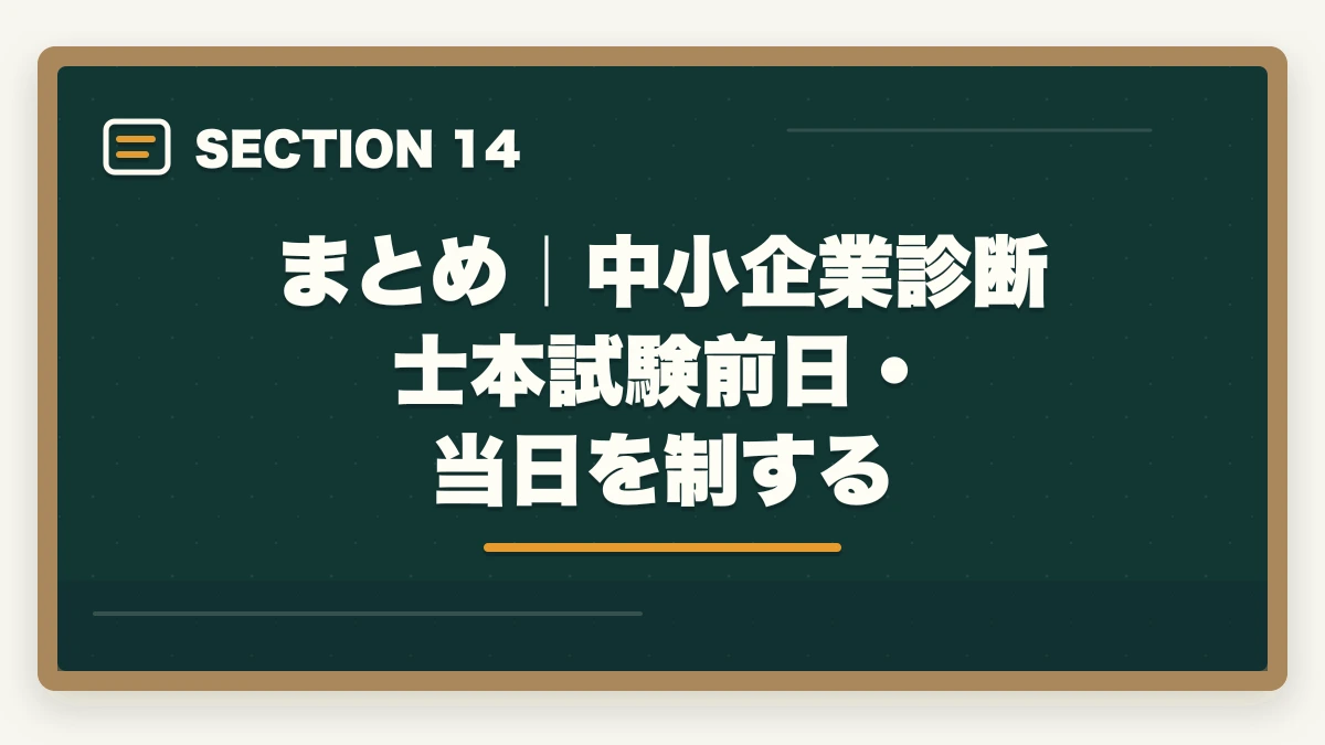 まとめ｜中小企業診断士本試験前日・当日を制する｜中小企業診断士本試験前日・当日完全マニュアル｜8月の戦い方とメンタル戦略【2026年版】の図解