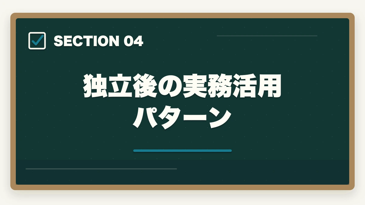 独立後の実務活用パターン|司法書士・中小企業診断士W合格戦略|法律+経営の最強士業を最短で掴む完全ガイド【2026年版】の図解