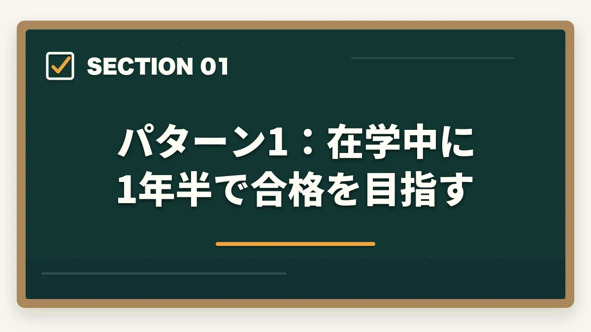パターン1:在学中に1年半で合格を目指す|司法書士の合格パターン10選|勉強時間・科目配分・スケジュール【2026年版】の図解