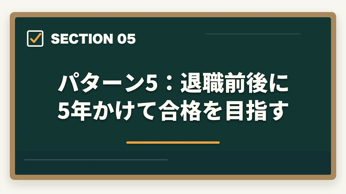 パターン5:退職前後に5年かけて合格を目指す|司法書士の合格パターン10選|勉強時間・科目配分・スケジュール【2026年版】の図解