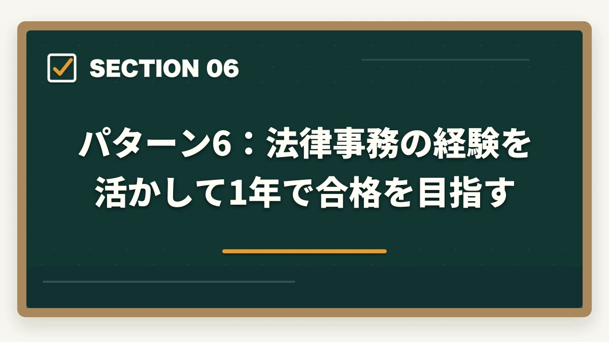 パターン6:法律事務の経験を活かして1年で合格を目指す|司法書士の合格パターン10選|勉強時間・科目配分・スケジュール【2026年版】の図解