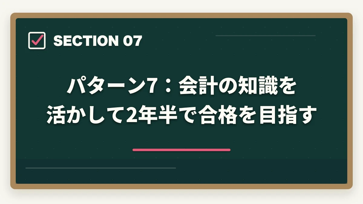 パターン7:会計の知識を活かして2年半で合格を目指す|司法書士の合格パターン10選|勉強時間・科目配分・スケジュール【2026年版】の図解