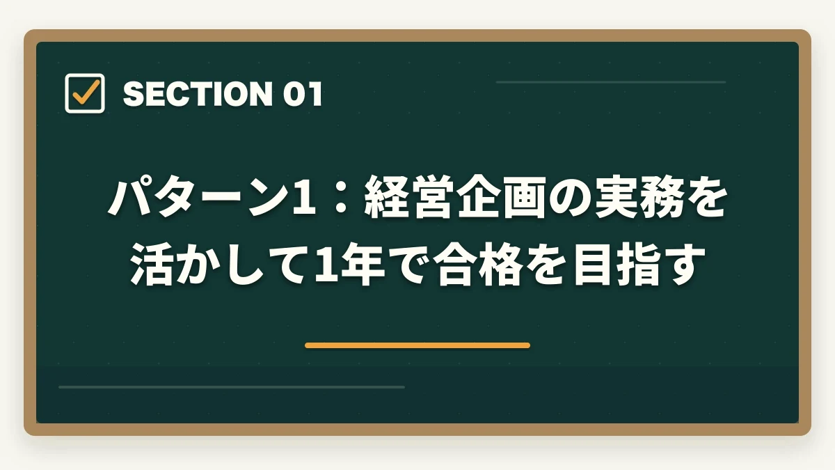 パターン1:経営企画の実務を活かして1年で合格を目指す|中小企業診断士の合格パターン10選|勉強時間・科目配分・2次対策【2026年版】の図解